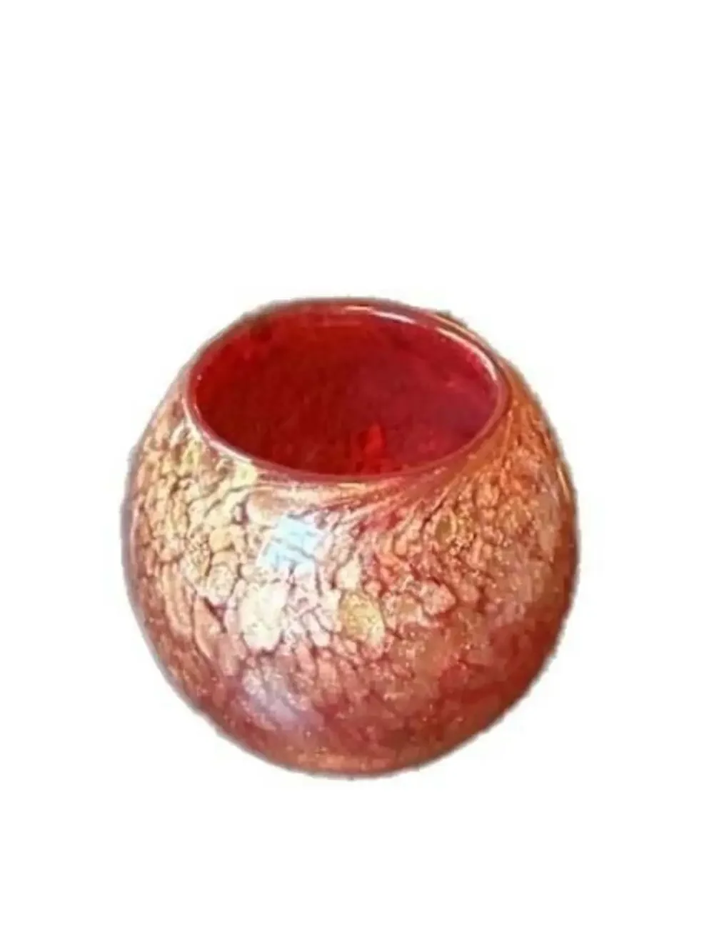 Hand Blown Art Glass Red and Gold Flecked Sphere Vase, approx 6” tall